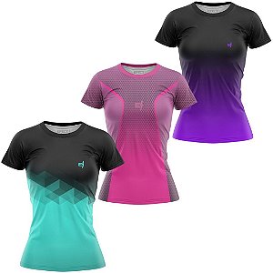 Kit 3 Camisetas Fitness Feminina - Fit - Joy - Preto Roxo