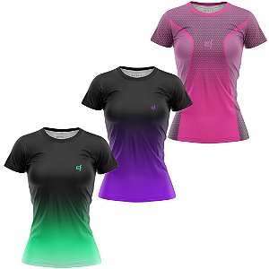 Kit 3 Camisetas Fitness Feminina - Preto Verde - Preto Roxo - Joy
