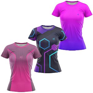 Kit 3 Camisetas Fitness Feminina - Joy - Conect - Rosa Azul