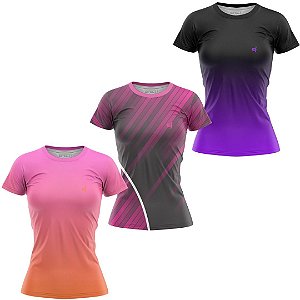 Kit 3 Camisetas Fitness Feminina - Laranja Rosa - Sky - Preto Roxo