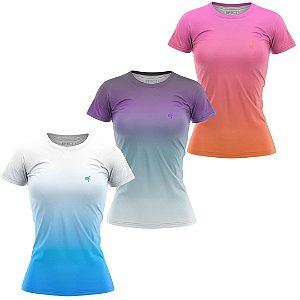 Kit 3 Camisetas Fitness Feminina - Azul Branco - Roxo Azul - Laranja Rosa