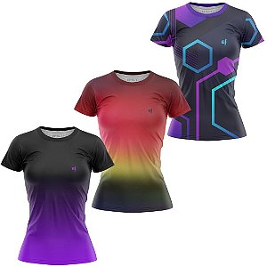 Kit 3 Camisetas Fitness Feminina - Preto Roxo - Vermelho Amarelo - Conect