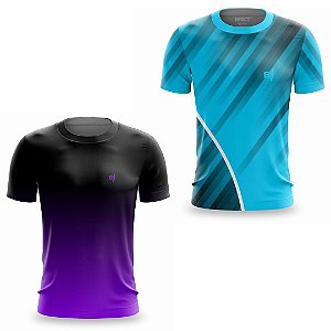 Kit 2 Camisetas Fitness Masculina - Preto Roxo e Sky Blue