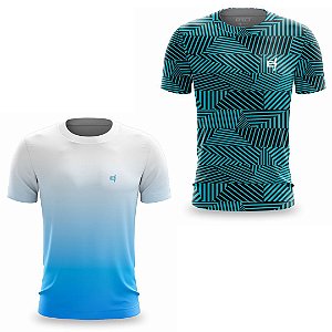 Kit 2 Camisetas Fitness Masculina - Azul Branco e Risc
