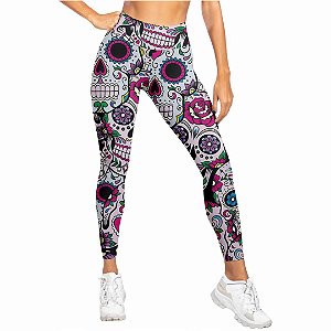 Calça Legging Estampada Caveira Mexicana Flor