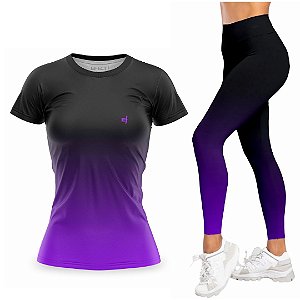 Kit Calça Legging com Camiseta Feminina Degrade Preto Roxo