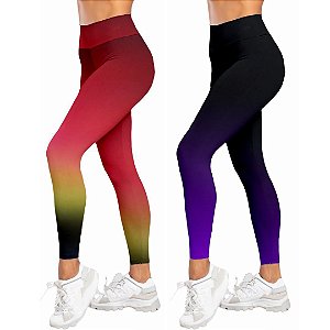 Kit 2 Calças Legging Degrade - Vermelho Amarelo e Preto Roxo