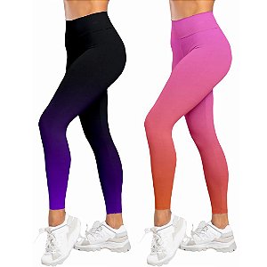 Kit 2 Calças Legging Degrade - Preto Roxo e Laranja Rosa