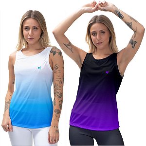 Kit 2 Regatas Fitness Feminina - Azul Branco e Preto Roxo