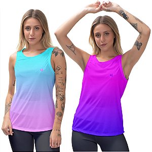 Kit 2 Regatas Fitness Feminina - Azul Lilás e Rosa Azul