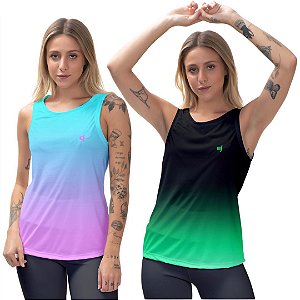 Kit 2 Regatas Fitness Feminina - Azul Lilás e Preto Verde