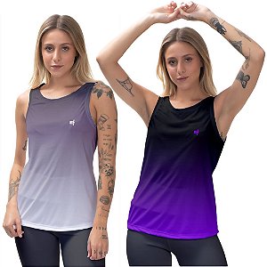 Kit 2 Regatas Fitness Feminina - Preto Cinza e Preto Roxo