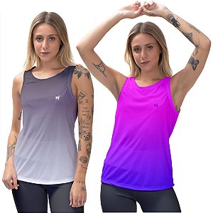Kit 2 Regatas Fitness Feminina - Preto Cinza e Rosa Azul
