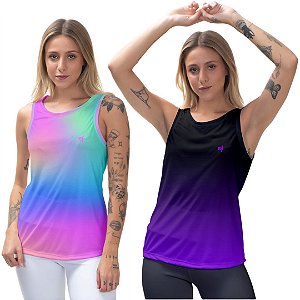 Kit 2 Regatas Fitness Feminina - Tie Dye e Preto Roxo