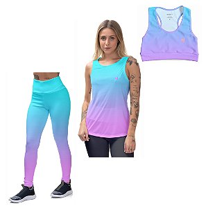 Conjunto Camiseta Regata Feminina Top Fitness Calça Legging Efect