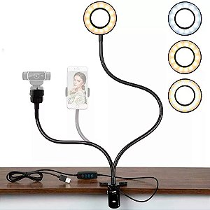 Luminária Suporte Para Celular De Mesa Selfie Com Led Ring Light USB
