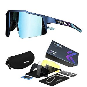 Óculos de Ciclismo Azul Com 4 Lentes + Case - Kapvoe