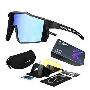 Óculos de Ciclismo Preto Azul Com 4 Lentes + Case Original - Kapvoe
