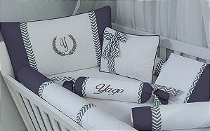 kit berço menino 100% algodão  branco marinho