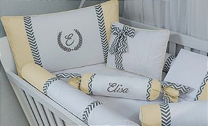 kit para berço 100% algodão branco e amarelo