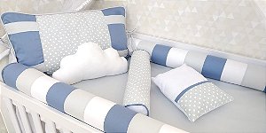 kit berço azul jeans poa