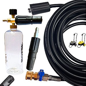 Mangueira 10 Metros Trama de Aço com Registro e Engate rápido + Canhão de Espuma + Bico Variador para Karcher HD 585