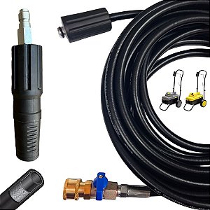 12 Metros de Mangueira Trama de Aço + Registro c/ Engate Rápido + Bico Curto para Lavadoras de Alta Pressão Karcher HD 585