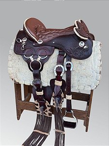 Arreio 3 Argolas Luxo Real Trançado Couro Cru - Marrom