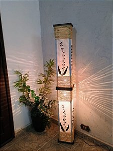 Abajur de chão piso luminária rustico de madeira corda com folhagens de 1,5 metro altura