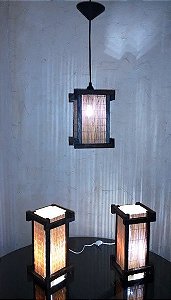 Kit Abajures e lustre oriental com telinha de bambu