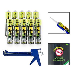 Kit 10 Cola Adesiva Selante PU40 Uso Geral Cinza c/Aplicador