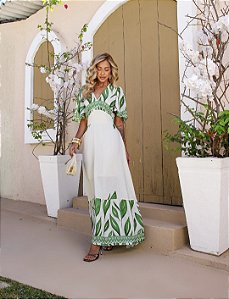 Vestido Feminino Longo Manga Morcego Estampa Folha