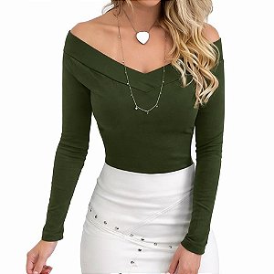 Blusa Ombro a Ombro Manga Longa Decote V