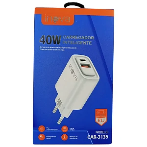 FONTE DE CARREGADOR 40W - 1 PORTA USB + 1 PORTA TIPO-C - CAR-3135 - INOVA