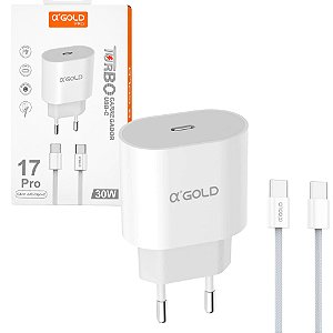 CARREGADOR TURBO 30W USB-C A GOLD COM CABO IPHONE ANDROID