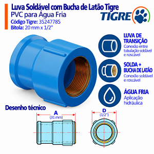 Luva Azul Soldável C/ Bucha Latão 20 mm X 1/2'' Tigre