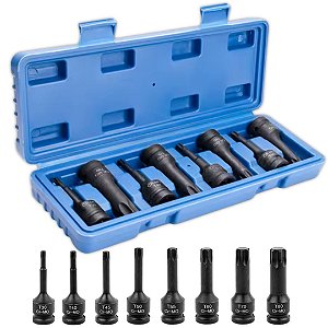 JOGO COM 8 SOQUETES LONGOS TORX DE IMPACTO T30 A T80 1/2 POL