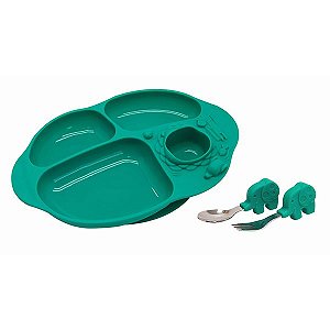 Kit Alimentação Prato Com Divisórias e Sucção + Talheres Elefante - Marcus & Marcus