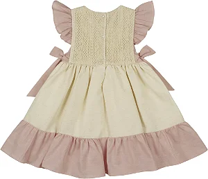 Vestido Linho Bege Detalhe em Cor Renda Crochê - Bárbara Kids