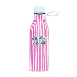 Garrafa Isotérmica 500 ml, c/ Dupla Camada de Aço Inox Rosa e Branco - Florie