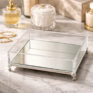 Bandeja Lisa 16x16x4 cm em Acrílico Cristal com Espelho e Pé Prata