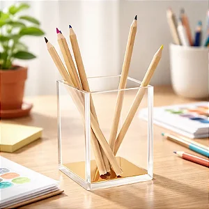 Porta Caneta em Acrílico com Fundo Espelhado Dourado