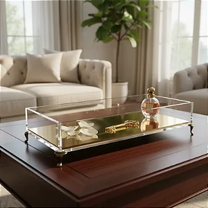 Bandeja 27x12x4 cm em Acrílico Cristal com Espelho e Pé Dourado