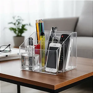 Porta Controle De Mesa Em Acrílico Multiuso Com 6 Repartição