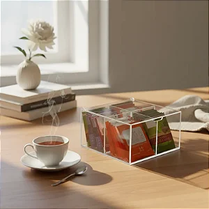 Caixa Organizadora para Saches de Chá em Acrílico Cristal com 4 Divisões