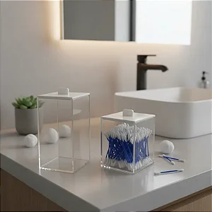 Porta Algodão e Hastes Flexíveis 2 Potes em Acrílico Cristal