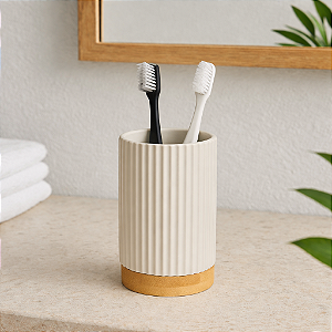 Copo Banheiro em Poliresina 10,8x7cm c\Bambu (Bege)