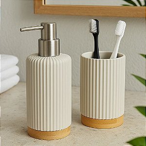 Kit Banheiro em Poliresina com Bambu Bege – Porta Sabonete 250ml + Copo