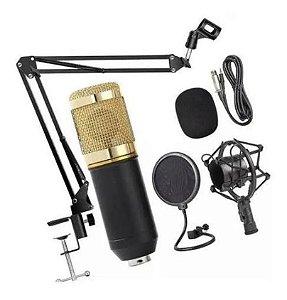 Kit Com Microfone Condensador Com Suporte E Pop Filter Braço Articulado Para Locução Estudio Live