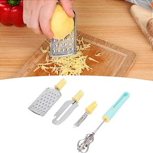 Conjunto Utensílios de Cozinha 4 Em 1 Ralador Faca Batedeira Descascador Aço Inox